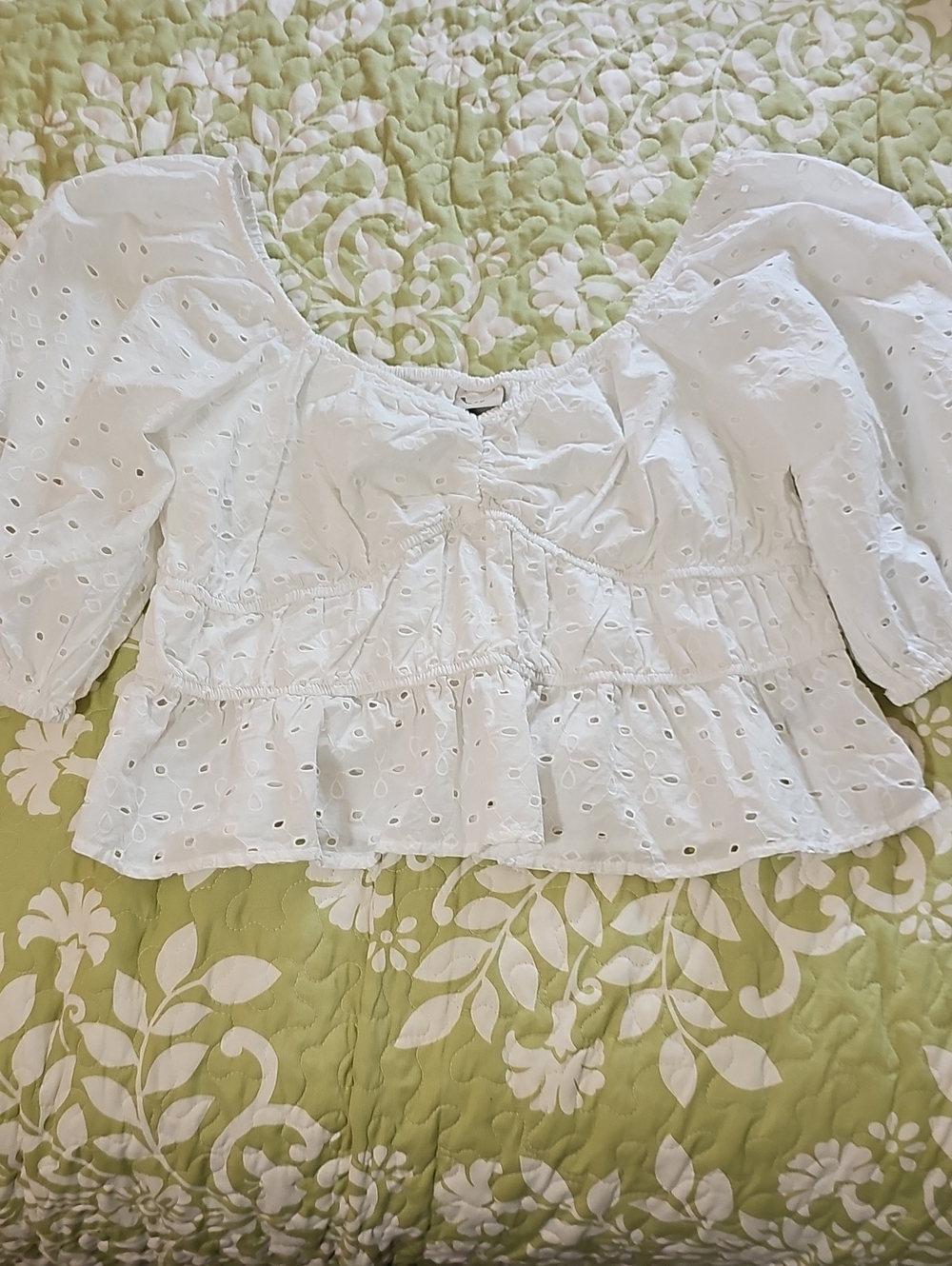 a new day White Eyelet Puff-Sleeve Peplum Blouse